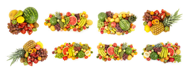 Different fresh fruits isolated on white, set