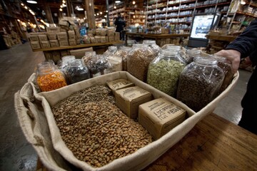 Fototapeta premium Shopping for bulk lentils and various seeds at a sustainable grocery store.
