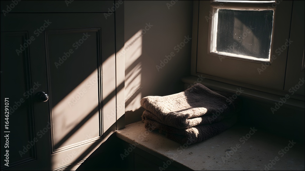 Poster soft light streams into a room, highlighting a stack of towels.