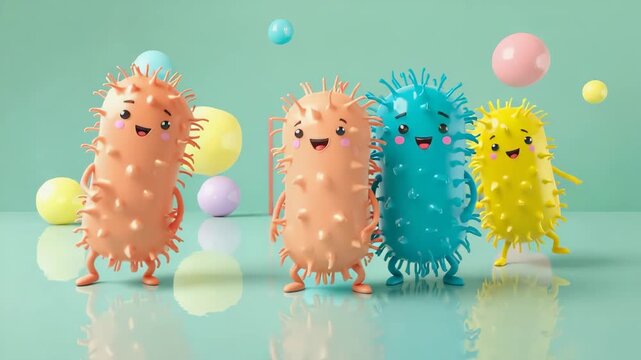 friendly happy probiotics bacteria characters dancing on blue background