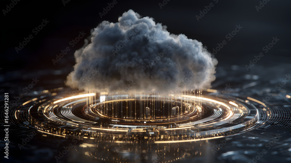 Poster rotating cloud-based ai server hologram with pulsing data