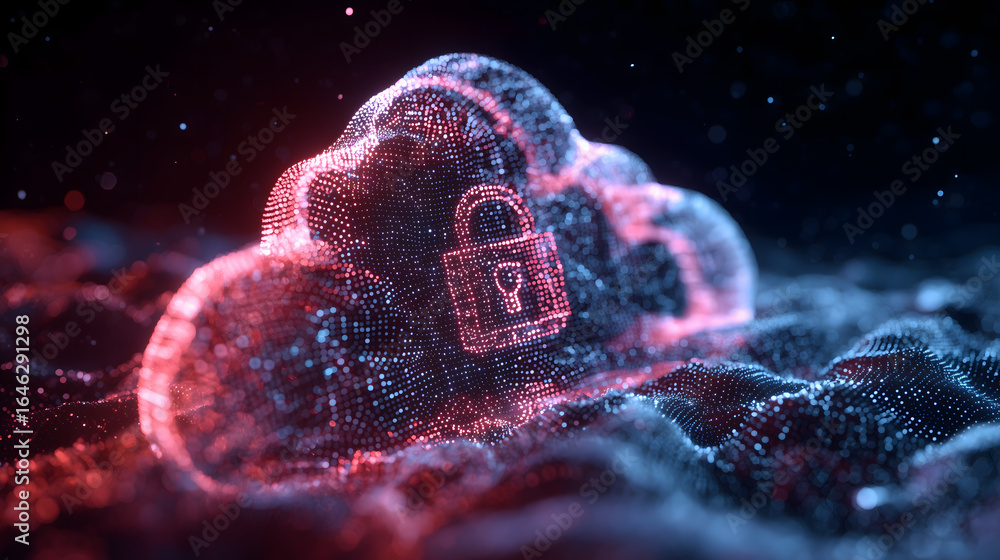 Poster rotating cloud security shield made of digital wireframe