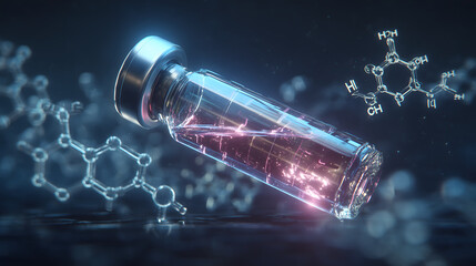 Rotating futuristic vaccine vial with glowing liquid inside
