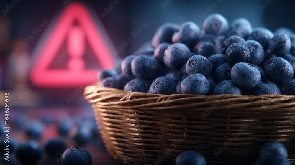Poster medium frame showing detailed blueberries in basket main fruit crisp and clear set against a dimly b