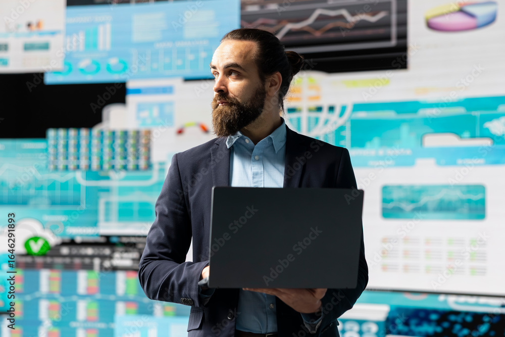 Poster general director reviews digital graphs and business insight to improve new strategy models for succ