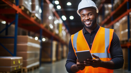 Successful black warehouse worker with a tablet. A cheerful male employee in a high-visibility vest and hard hat smiling while working in a logistics warehouse