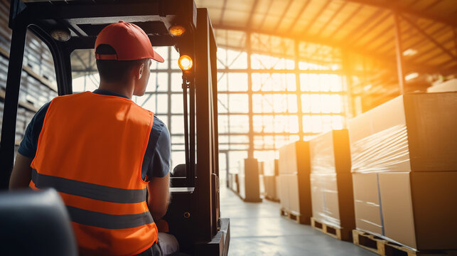Logistics and delivery worker operating a forklift. A professional warehouse employee in a high-visibility uniform moving pallets in a distribution center. - Powered by Adobe