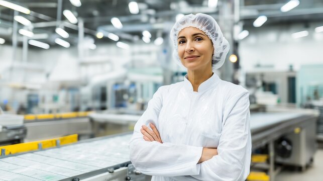 Successful female production worker with arms crossed. A food industry professional or manager in a clean room, factory, or dairy plant