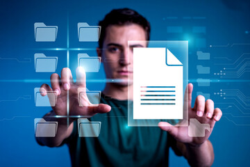 Young Man Navigating Digital Documents and Folders in a Modern Interface representing Document Management System and File Organization
