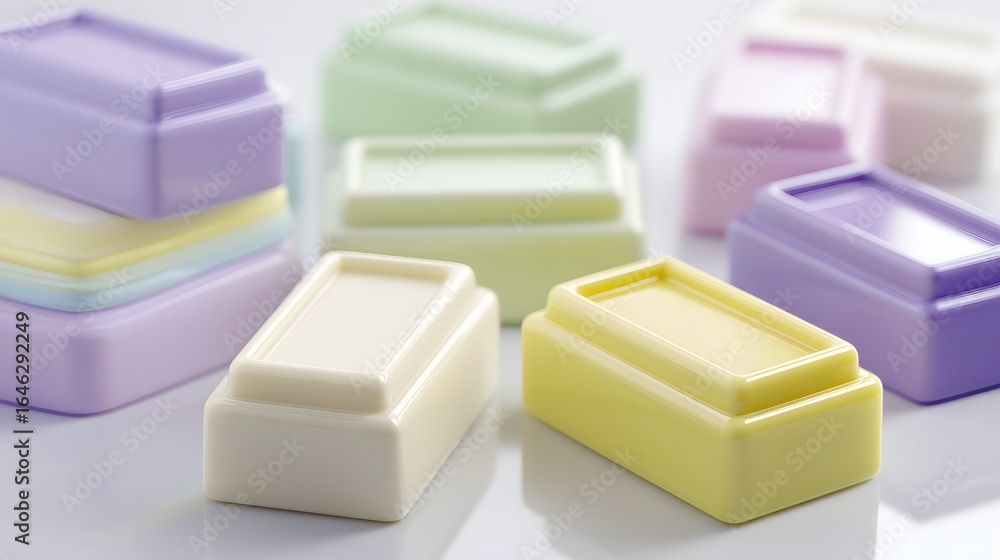 Poster close-up of colorful rectangular containers.