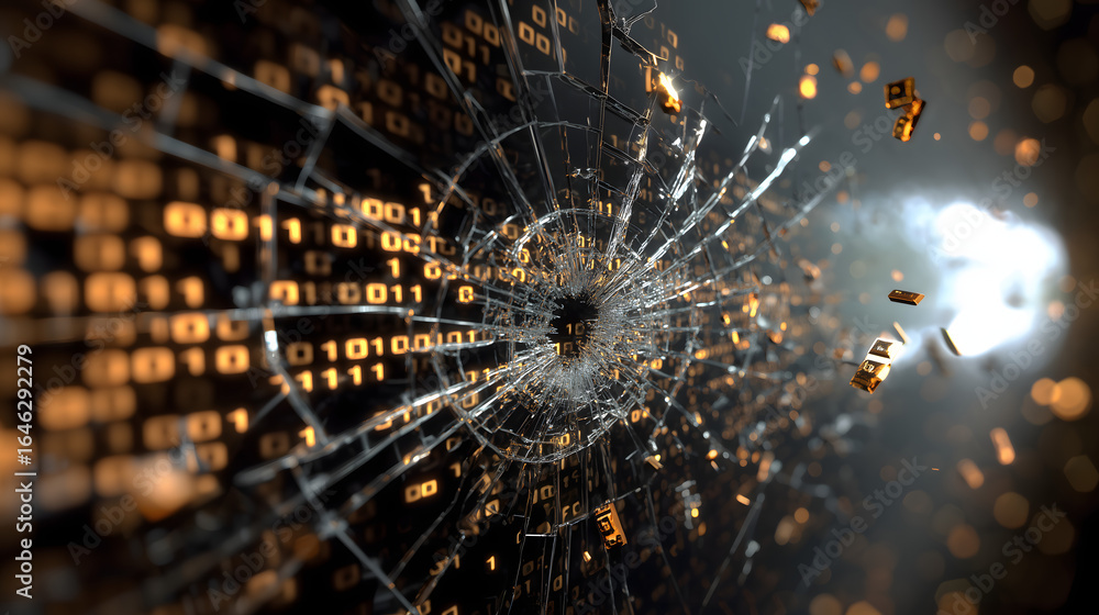 Poster shattered glass screen leaking glowing binary code
