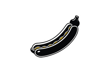 Black and white illustration of a sliced open black sausage with yellow filling on white background silhouette