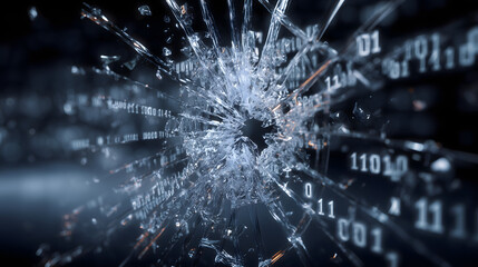 Shattered Glass Screen Leaking Glowing Binary Code