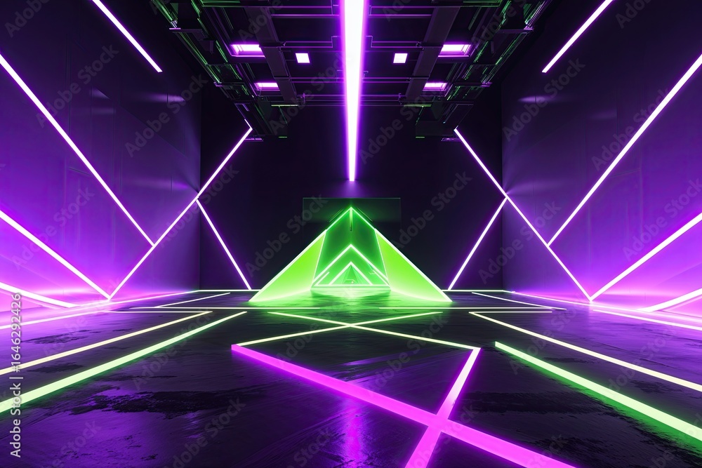 Poster futuristic neon abstract background with pulsating geometric patterns in electric purple and vivid g