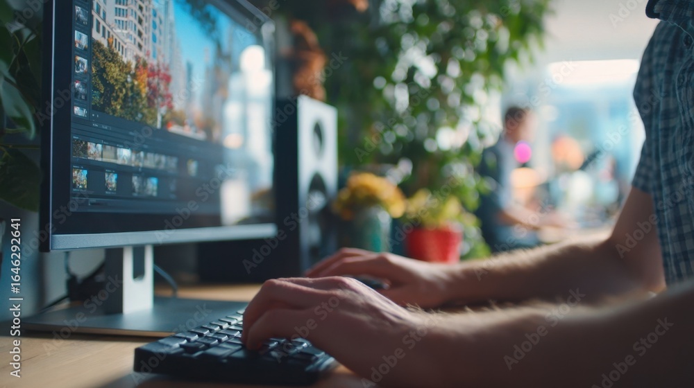 Poster close up of editor's hands typing on keyboard, working on video editing software in a modern office,