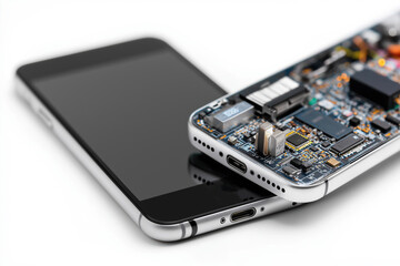 Smartphone disassembled showing internal components and circuit board