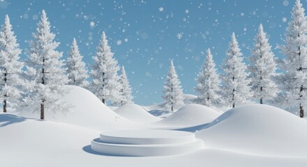 Naklejka premium Winter Snow Scene with White Product Pedestal and Floating Snowflakes