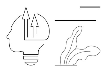 Human profile designed as a light bulb with upward arrows symbolizing ideas, growth, innovation. Accompanied by abstract plant and geometric lines. Ideal for creativity, development, learning
