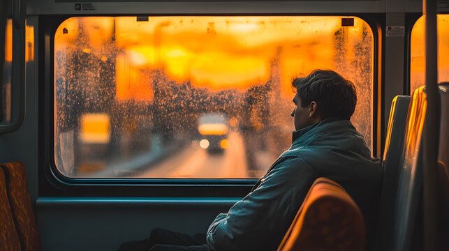 
Riding into Sunset: Man Gazing Out Window on Bus Journey