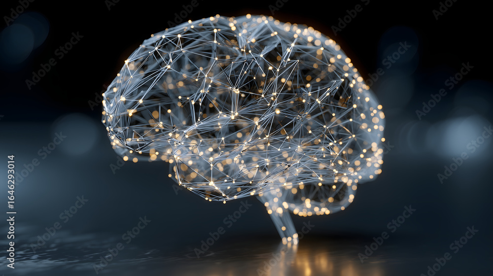 Poster 3d glowing brain comprised of interconnected nodes