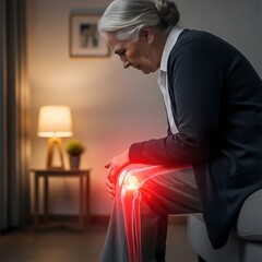 old woman with knee pain. highlighted knee bone