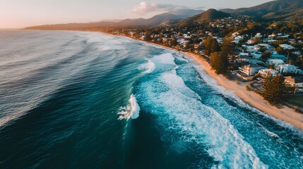 Coastal town at sunrise with waves crashing on the shore.