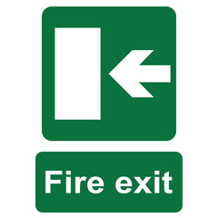 Transparent PNG file of green and white vector graphic of a fire exit sign. It consists of an arrow pointing left in the direction of escape a firedoor and a label with the text Fire Exit.