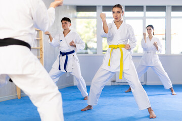 Group of men and women in kimonos train karate techniques in studio..