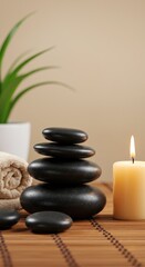 Zen Stones and Candle on Mat &ndash; Spa and Meditation Concept with Relaxing Atmosphere