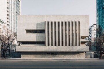 Modern architectural structure stands prominently in an urban environment, showcasing minimalistic design and sleek lines in a bustling city setting during daylight