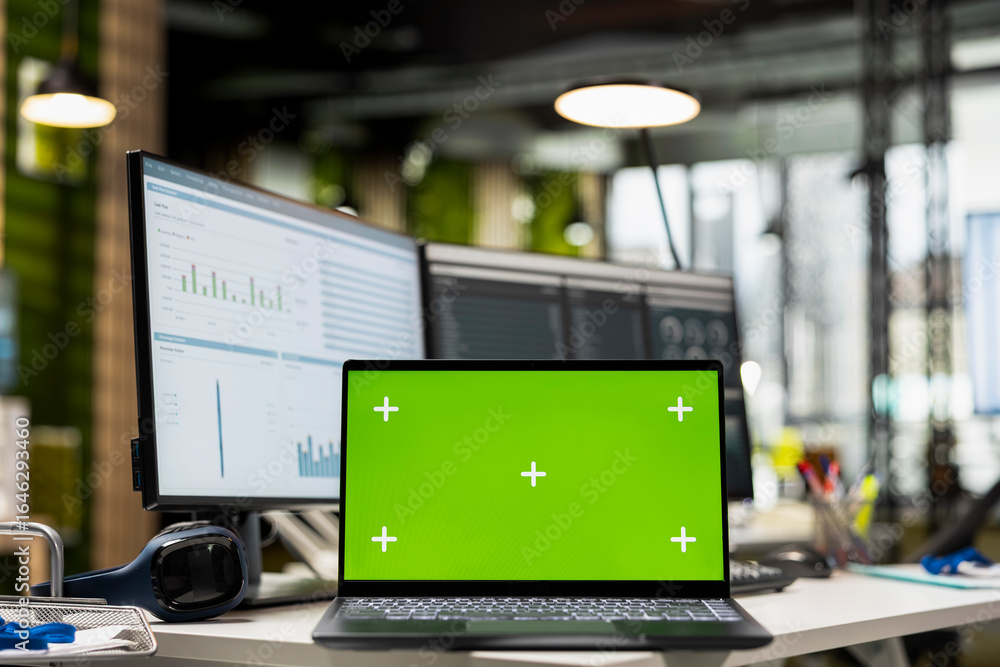 Aufkleber empty office environment showcases tech tools of green screen and resources essential for business p
