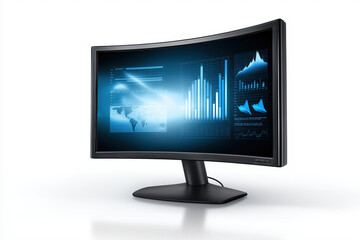 Fototapeta premium Curved monitor displaying data analytics in a modern workspace setting