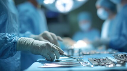 Close up of gloved hands of surgeon picking up surgical instruments from tray on table during operation with surgical team working in background in operating room