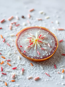 food design. half of the onion is sprinkled with confecti onery sugar sprinkles
