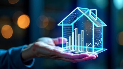 Smart home control panel, digital interface, wireless connectivity. Home automation. Hand displays holographic house. Technology manages energy efficiency. Housing hologram shows statistical data. - Powered by Adobe