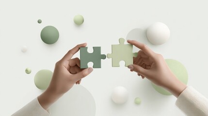 Two hands connecting puzzle pieces, surrounded by floating spheres