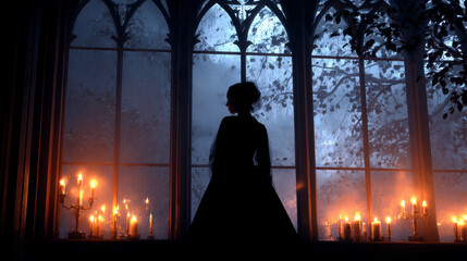 Silhouette of Witch in Gothic Window