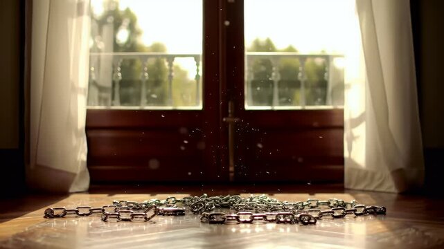 A broken metal chain lies shattered on a sunlit wooden floor before an open doorway, symbolizing freedom and liberation.