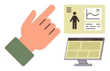 Hand pointing at profile analytic dashboard with graph, icons, and text displayed on a monitor. Ideal for technology, interaction, data, education, teamwork communication UI design. Simple flat