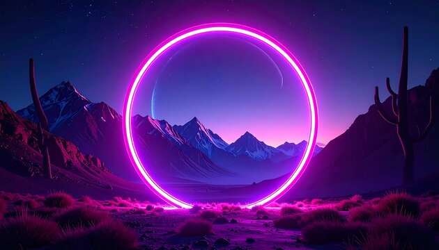 Neon ring portal over mountains