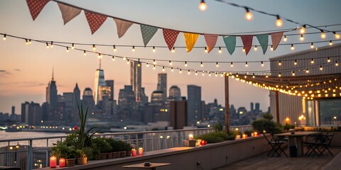 Rooftop celebration with city skyline and string lights