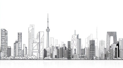 Pen drawing of a city skyline featuring varied skyscrapers against a clean white backdrop