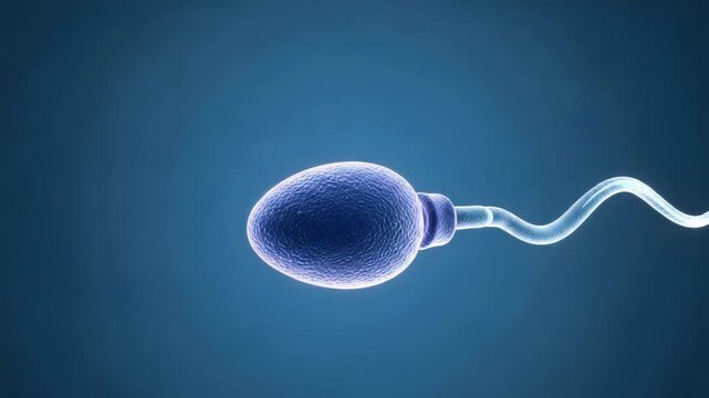 A microscopic view of a single human sperm cell with its characteristic head and undulating tail, swimming in a blue, abstract environment