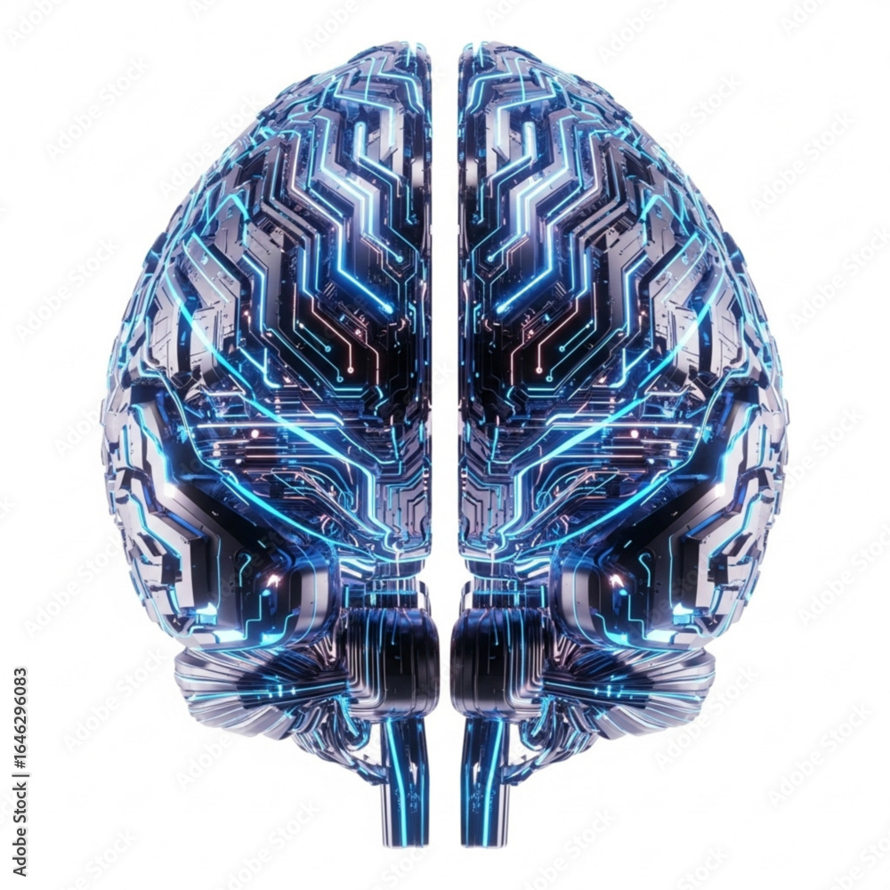 Poster digital representation of human brain with intricate circuit patterns and glowing blue light accents