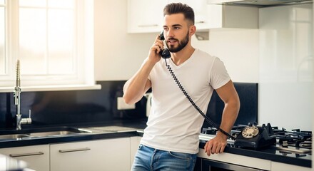 Man with beard talking on a vintage telephone in a modern kitchen next to a window with sunlight on transparent background