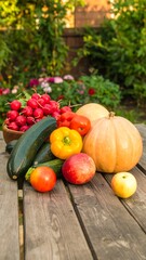 Autumn harvest bounty on wooden table