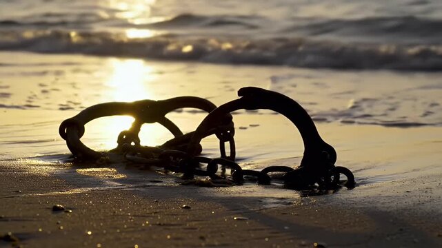 An old, rusty shackle lies on the beach, with waves gently lapping at the shore during sunset.