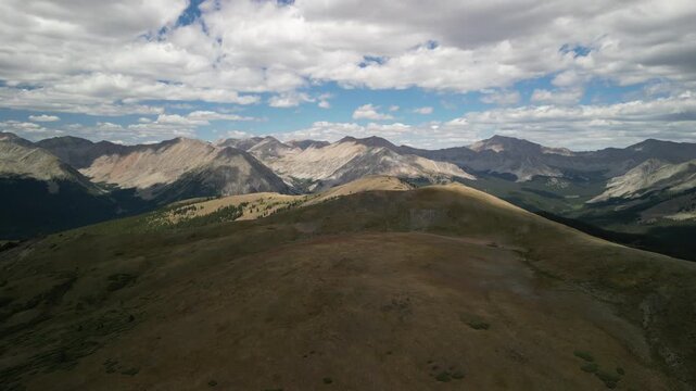 High alpine aerial in Colorado of Collegiate Peaks in Sawatch Range in summertime