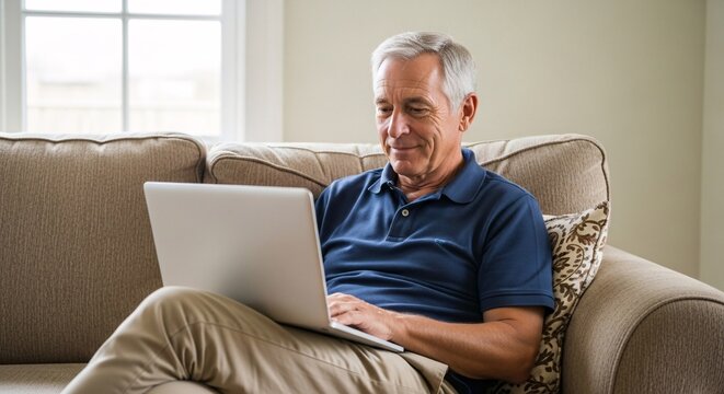 Man using laptop on couch in living room with natural light from window and neutral color scheme on transparent background - Powered by Adobe