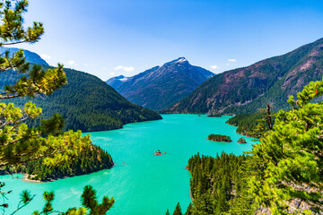 Landscape of mountain peak and Diablo lake. Nature landscape. Diablo Lake in North Cascades...
